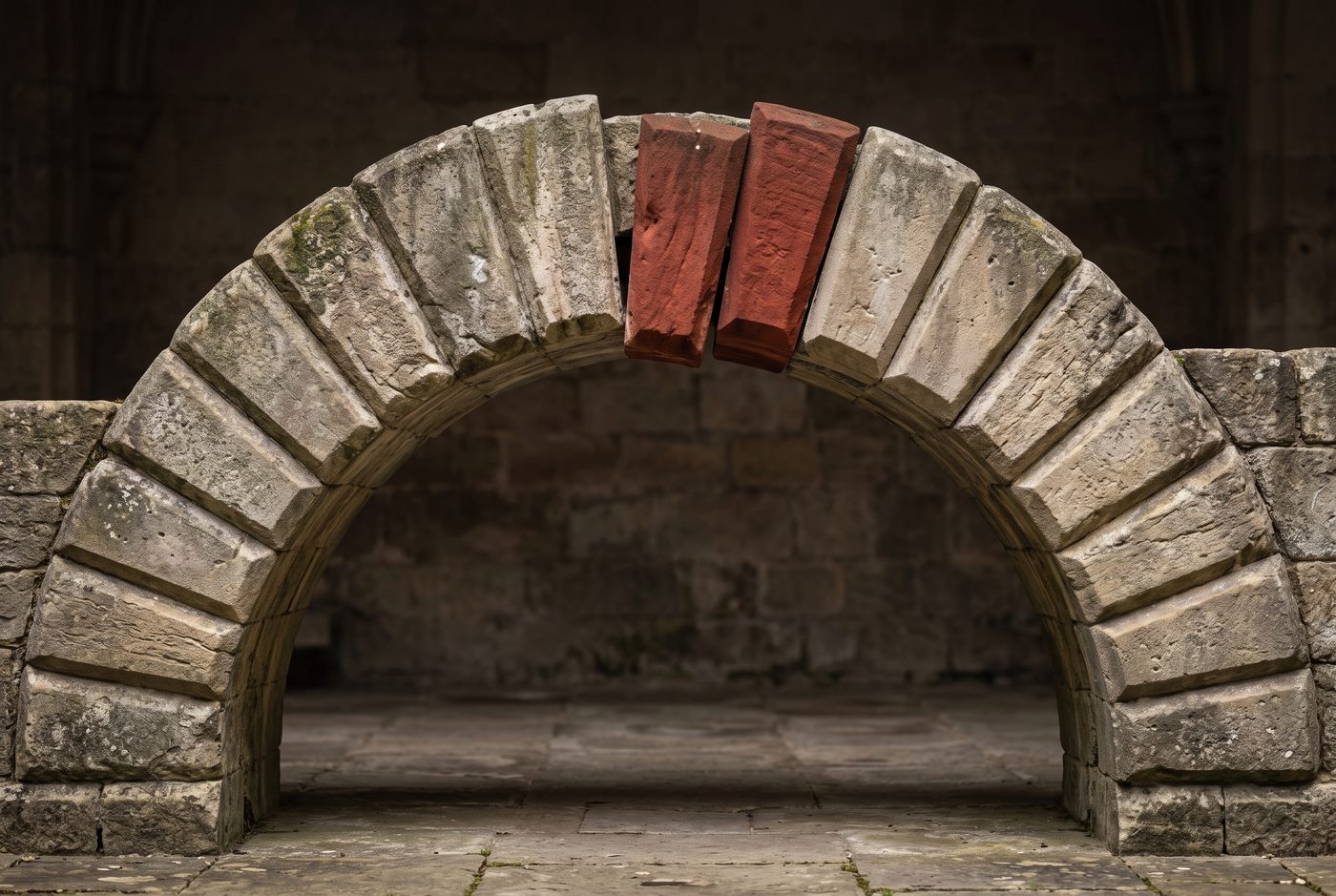 A stone archway with three misaligned red blocks near its crown