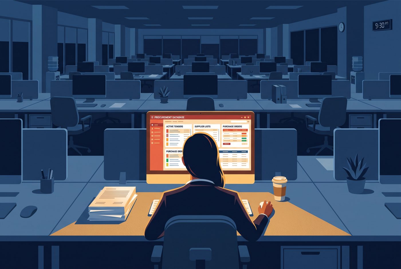 A procurement manager working alone at a desk in an empty office, lit only by a screen