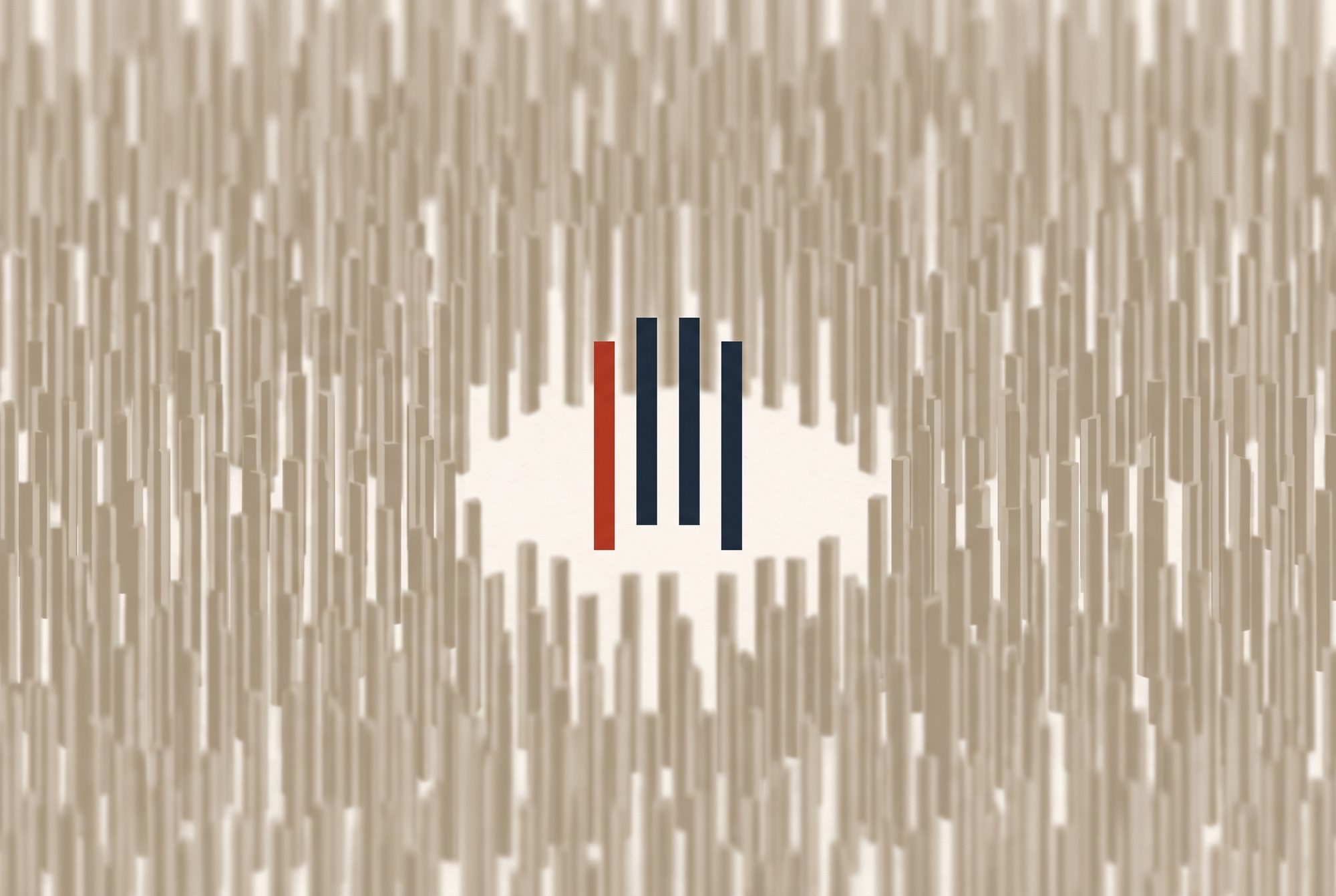 A dense field of faint tally marks with four marks standing sharp and upright near the centre