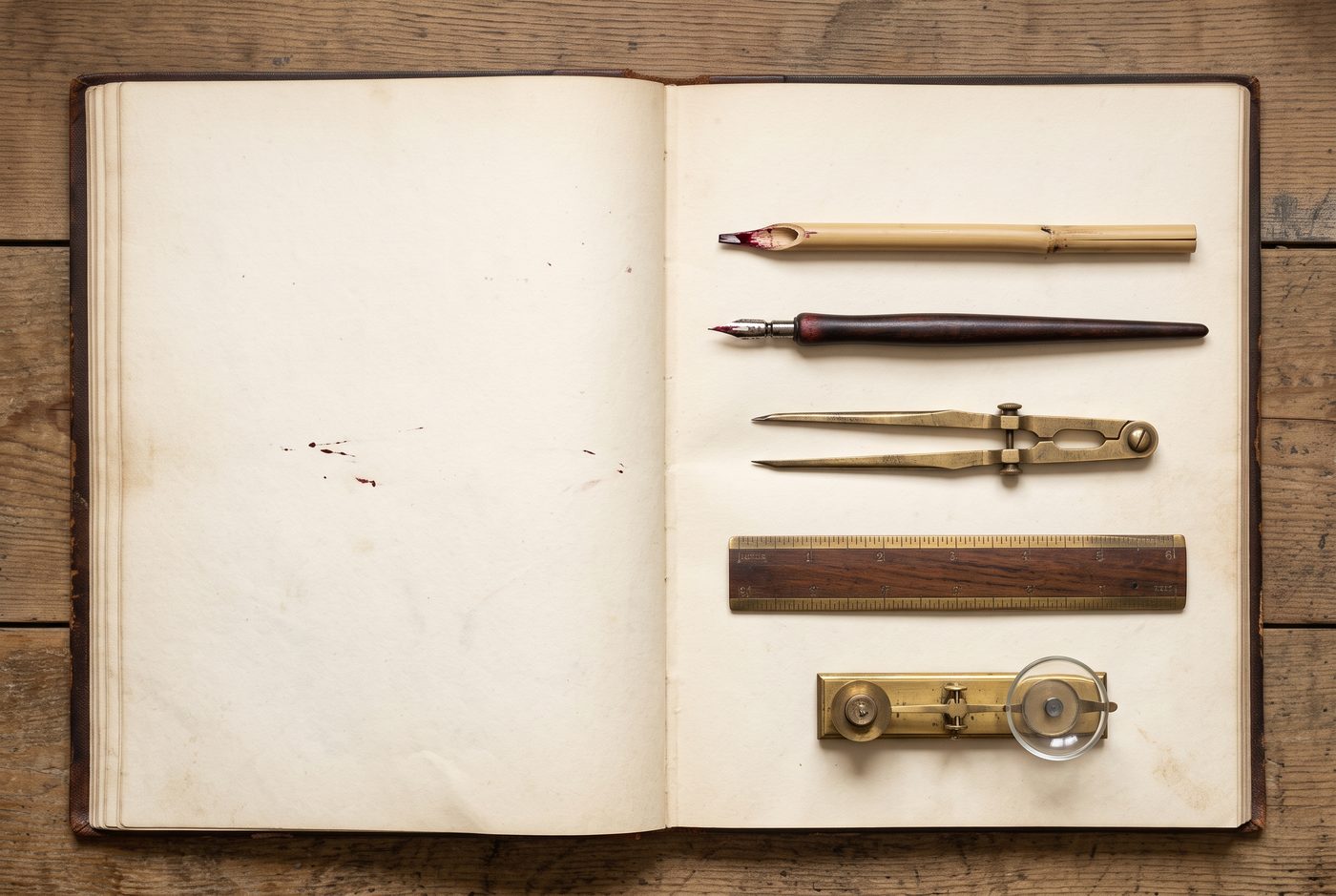 Writing and measuring instruments laid out on an open ledger, seen from above