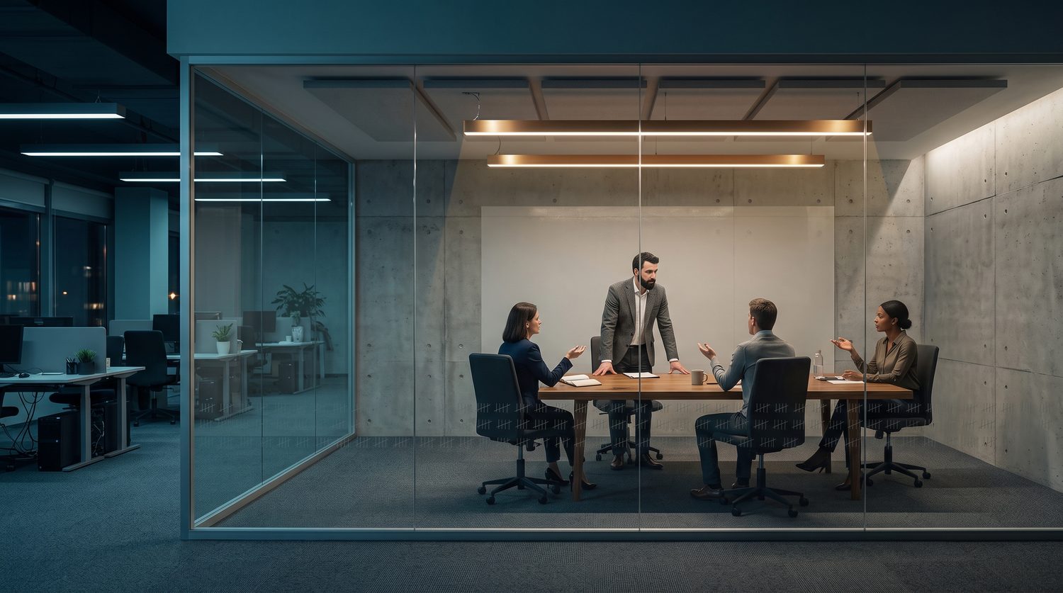 Colleagues in discussion around a meeting room table, seen through a glass wall