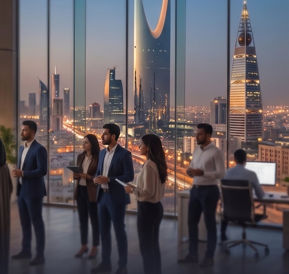 A group of colleagues in a Riyadh office at dusk, the city skyline behind them
