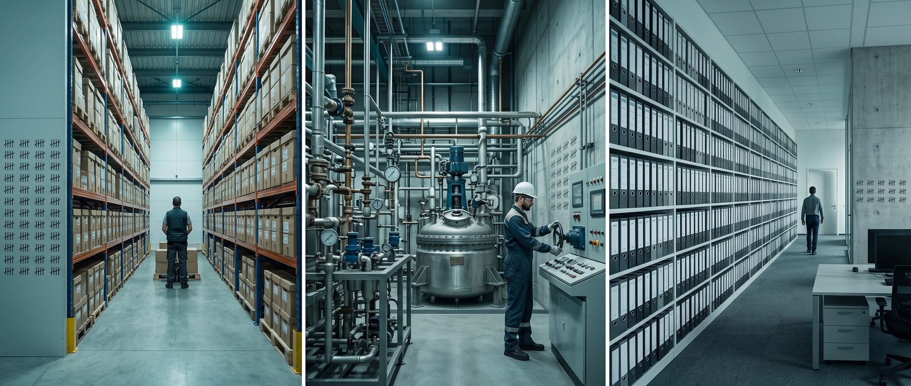 Three industrial settings side by side, a distribution warehouse, a manufacturing floor and an office of filed records
